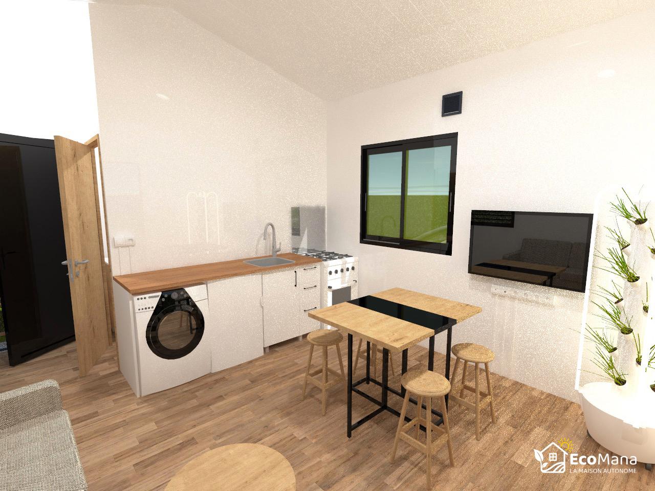Kitchenette avec évier, lave-linge et gazinière, table haute et tabourets